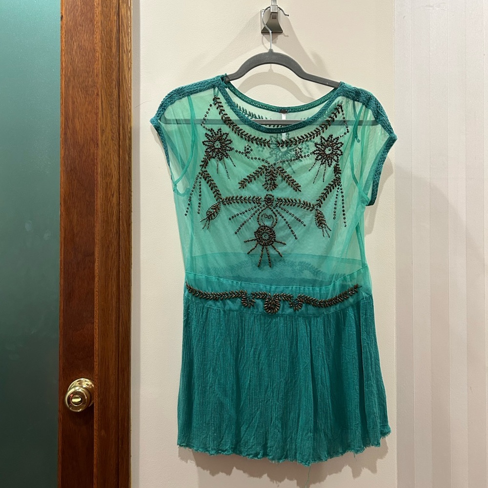 Free People Teal Embroidered Blouse